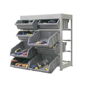 Gray 4-Tier Boltless Bin Storage Shelving System Garage Storage Rack (8 Plastic Bins in 4 Tier)