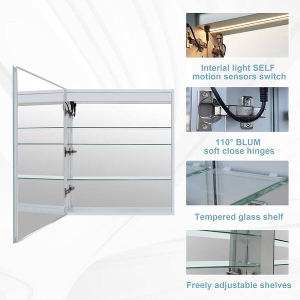 FORCLOVER 24 in. W x 30 in. H Rectangular Silver Aluminum Recessed Mount Medicine Cabinet with Mirror
