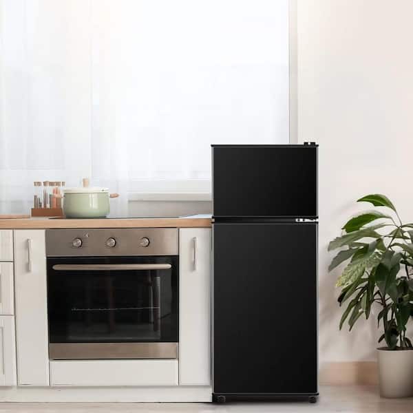 3.8 cu. ft. Mini Refrigerator Double Doors Fridges with Freezer in Black 7-Level Temp Adjustable, Removable Glass Shelf