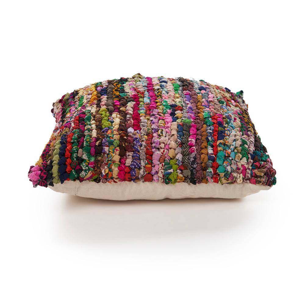 Multicolor Bohemian Striped Chindi Floor Pillow, 26" x 26"