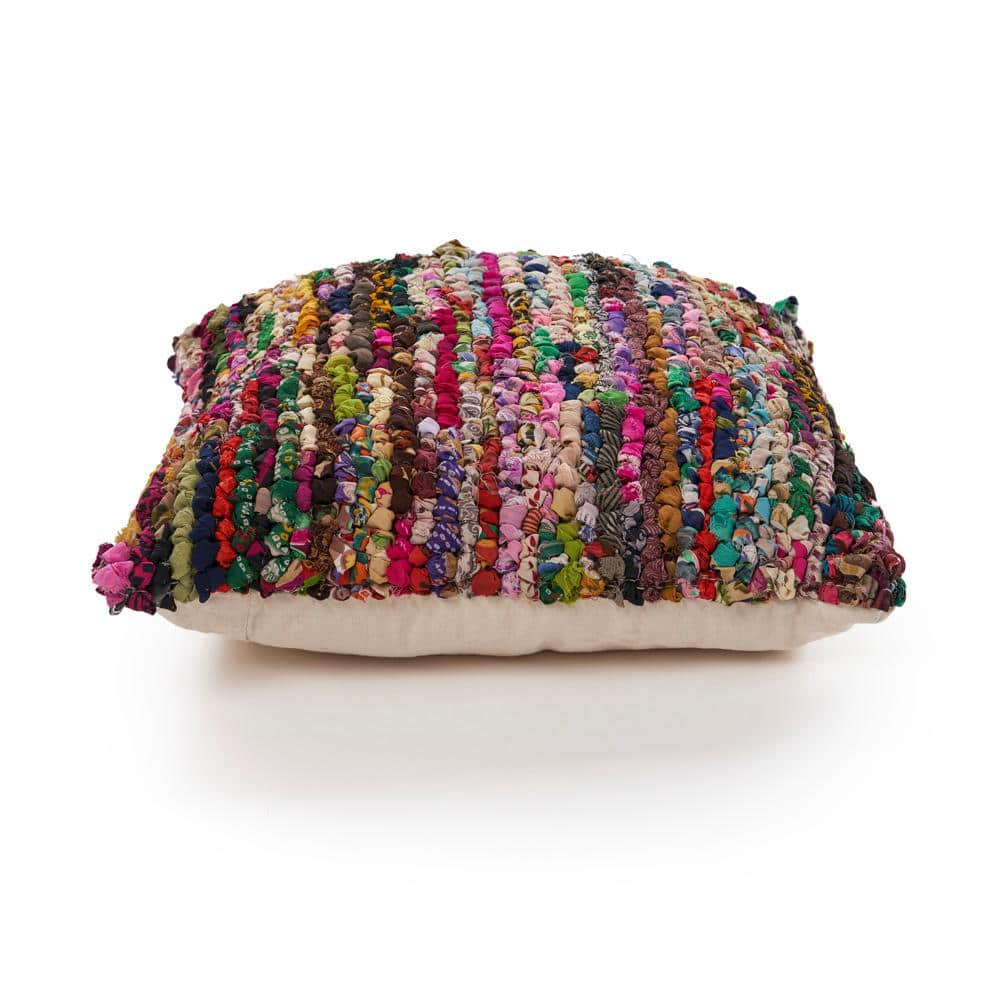 Multicolor Bohemian Striped Chindi Floor Pillow, 26" x 26"