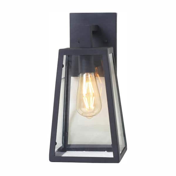 Home Decorators Collection Colonade 16.1 in. 1-Light Sand Black Outdoor Wall Lantern Sconce with Clear Glass