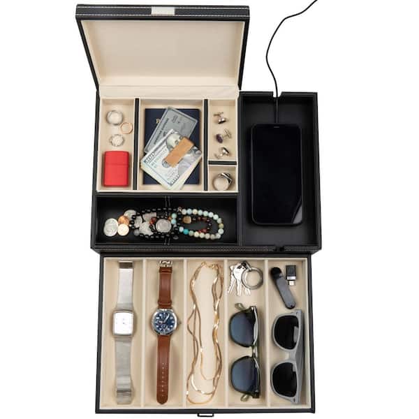 Unbranded Men's Leather Watch Box Valet Tray, Bedside Organizer with Charging Station, Black, 13.75 in. x 10 in. x 4.4 in.