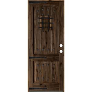 36 in. x 96 in. Mediterranean Knotty Alder Arch Top 2 Panel Left-Hand/Inswing Black Stain Wood Prehung Front Door