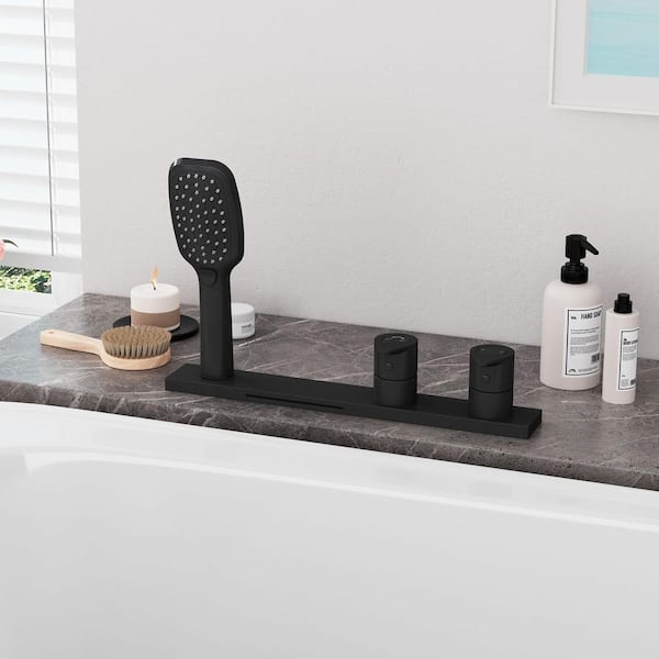 Waterfall 2-Handle 3-Spray Tub Deck Mount Roman Tub Faucet with Hand Shower in Matte Black (Valve Included)
