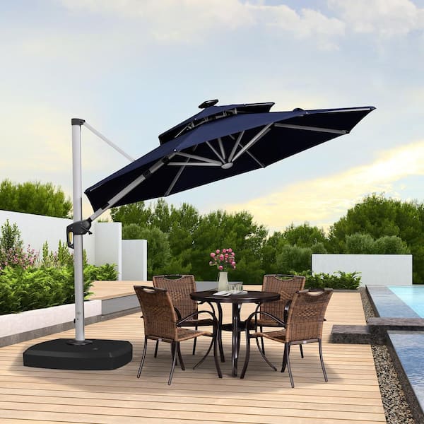 PURPLE LEAF 10 ft. Octagon Aluminum Solar Powered LED Patio Cantilever Offset Umbrella with Wheels Base, Navy Blue