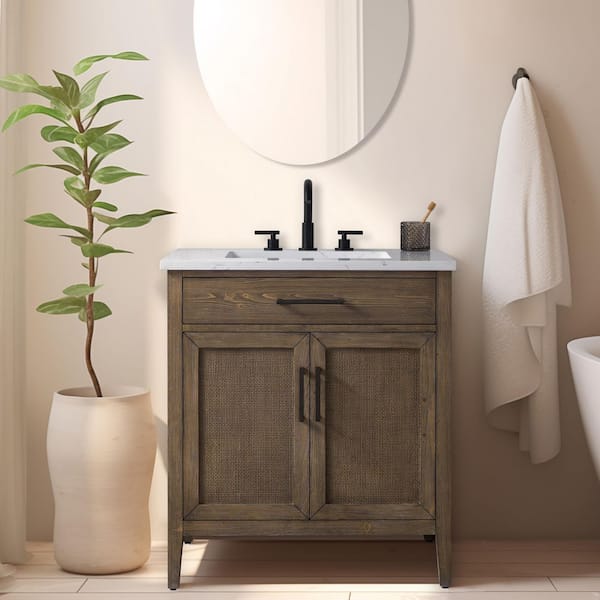 Cove 30 in. W Bath Vanity in Antique Brown with Engineered Stone Top in Carrara White with White Sink