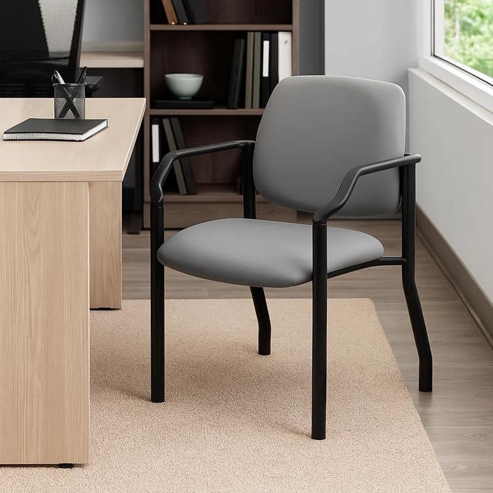 Theo Vinyl Upholstered Ergonomic Office Guest Chair in Gray and Black with Non-Adjustable Arms