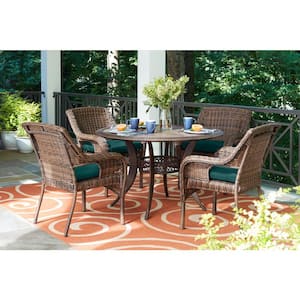 Cambridge 5-Piece Brown Wicker Outdoor Patio Dining Set with CushionGuard Malachite Green Cushions