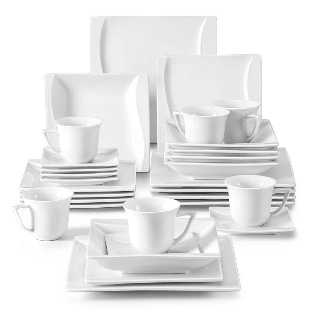 MALACASA Plates and Bowls Sets, 26 Piece Ivory White Square Dinnerware Sets  for 6, Porcelain Dinnerware Set with Dinner Plate Set, Cereal Bowls and