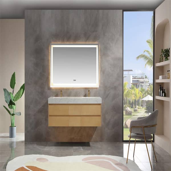 Xspracer Moray 60 in. W x 21 in. D x 21 in. H Double Sinks Floating Bath Vanity in Maple with White Engineer Stone Composite Top