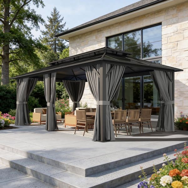 20 ft. x 12 ft. Steel Frame Double Polycarbonate Roof Outdoor Gazebos with Hooks, Curtains, and Netting