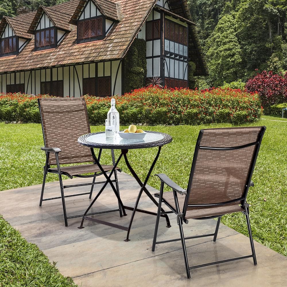 Brown Steel Frame Foldable Patio Dining Chairs with Mesh Seats, Set of 2