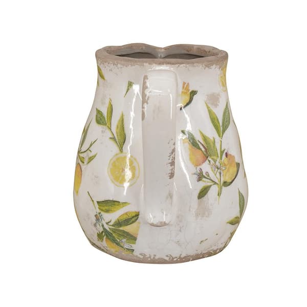 6 in. White Ceramic Pitcher Decorative Vase 1 PC with Yellow Lemon