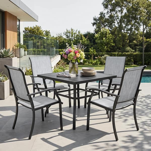 Black 5-Piece Textilene Metal Square Outdoor Dining Set with Umbrella Hole, Slatted Tabletop and Powder-Coated Frame