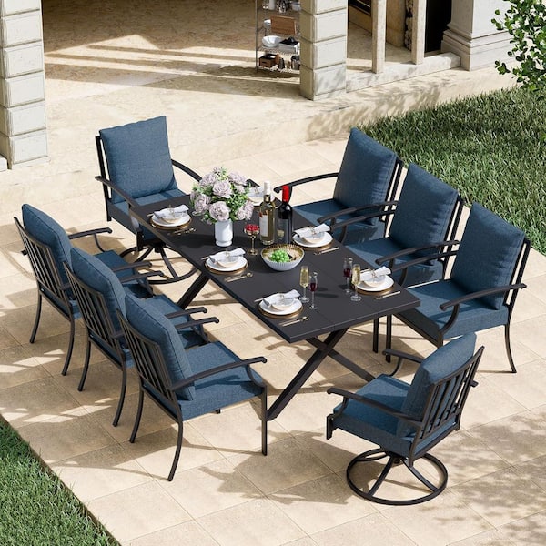 9-Piece Black Metal Patio Outdoor Dining Set with Swivel&fixed Chairs, Rectangle Table, Umbrella Hole and Navy Cushions.