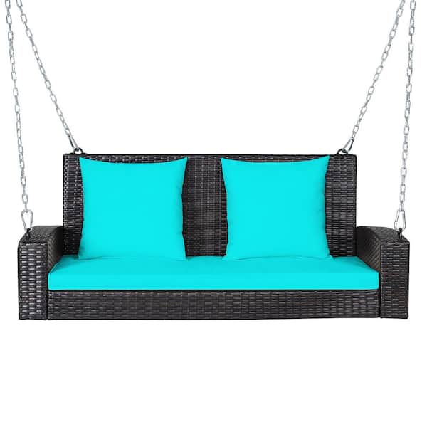 Costway 2-Person Patio Rattan Hanging Porch Swing Bench Chair Turquoise Cushion