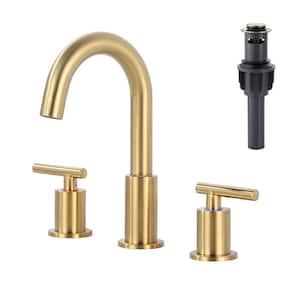 8 in. Widespread Double Handle High Arc Bathroom Faucet with Drain Kit Included in Gold