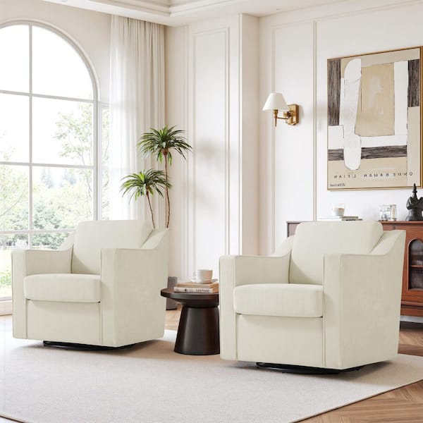 Modern Beige Chenille Upholstered Swivel Accent Barrel Chair with Metal Base (Set of 2)