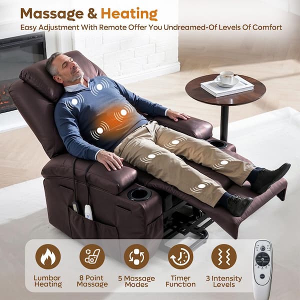 35 in. W Brown Power Lift Recliner Chair with 8-Point Massage and Heating,Living Room Chair with Pillow and Side Pockets