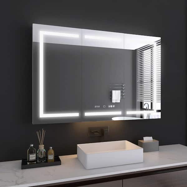 MEDUNJESS 54 in. W x 36 in. H Rectangular Silver Aluminum Recessed/Surface Mount Medicine Cabinet with Mirror and LED