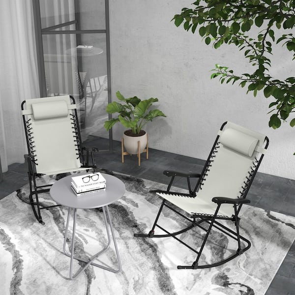 2 Pieces Cream White Folding Metal Outdoor Rocking Chair with Headrests
