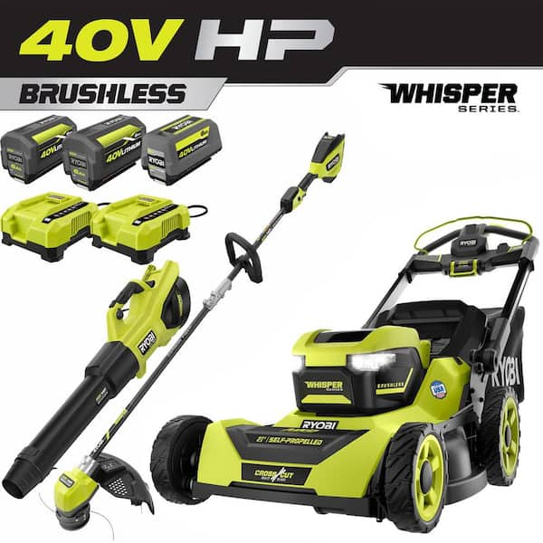 40V HP Brushless Whisper Series 21" Walk Behind Self-Propelled All Wheel Drive Mower, Trimmer/Blower/Batteries/Chargers