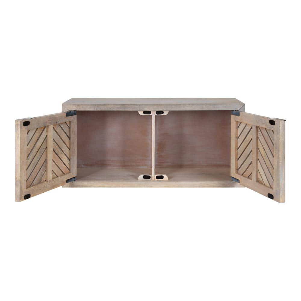 Whitewashed Mango Wood 2-Door Wall Cabinet with Chevron Design