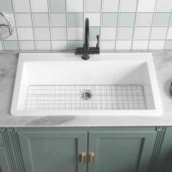 Fireclay Drop in Kitchen Sink Extra Large 36 in. White Kitchen Sink Single Bowl Top Mount with 1 Faucet Hole Grids Drain