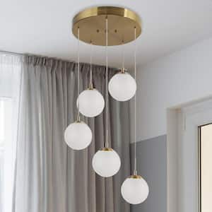 Modern Farmhouse 5-Light Integrated LED Brass Gold Linear Chandelier Lighting, Globe Frosted Glass Round Pendant Light