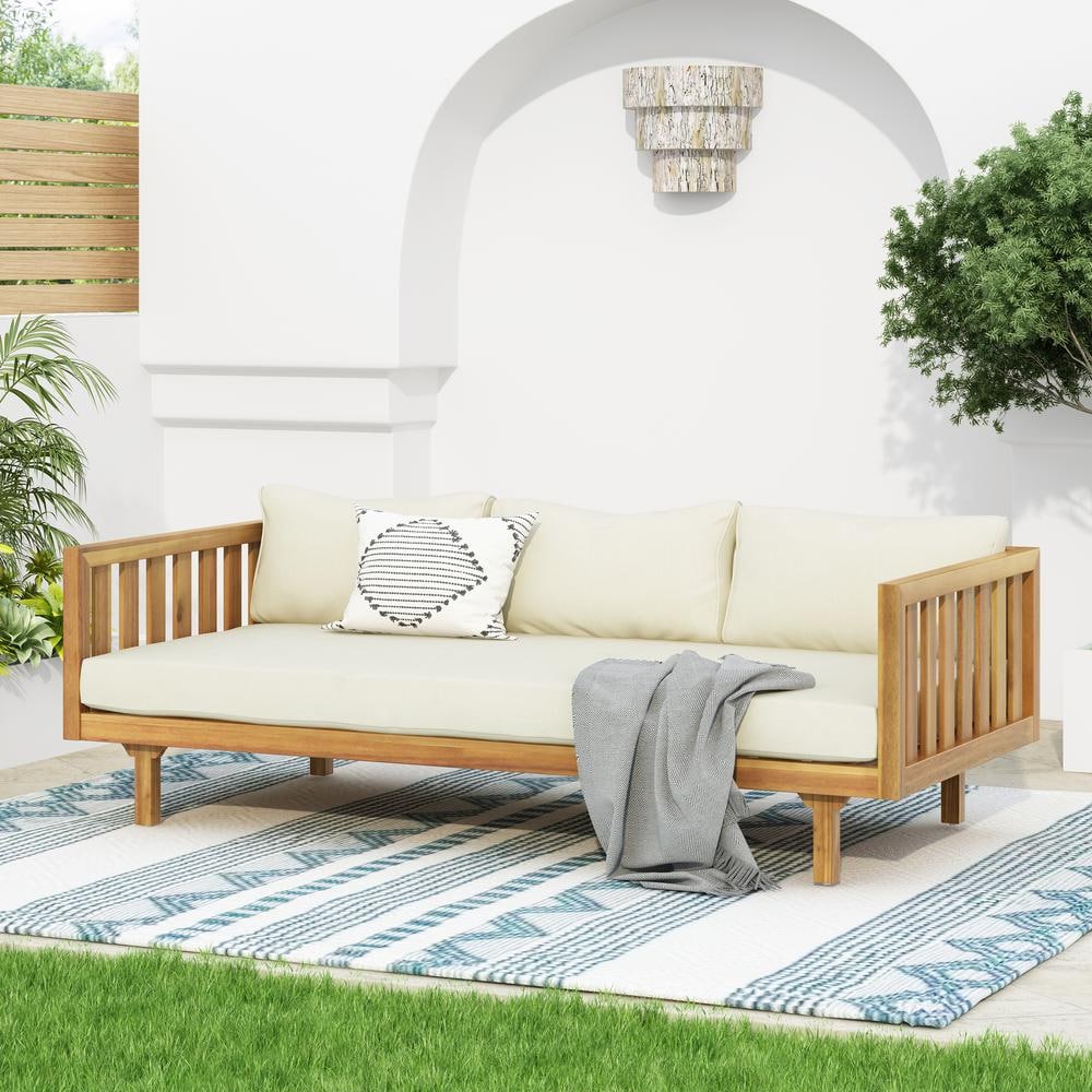 Acacia Wood Outdoor 3-Seater Day Bed with Water-Resistant Beige Cushions-El