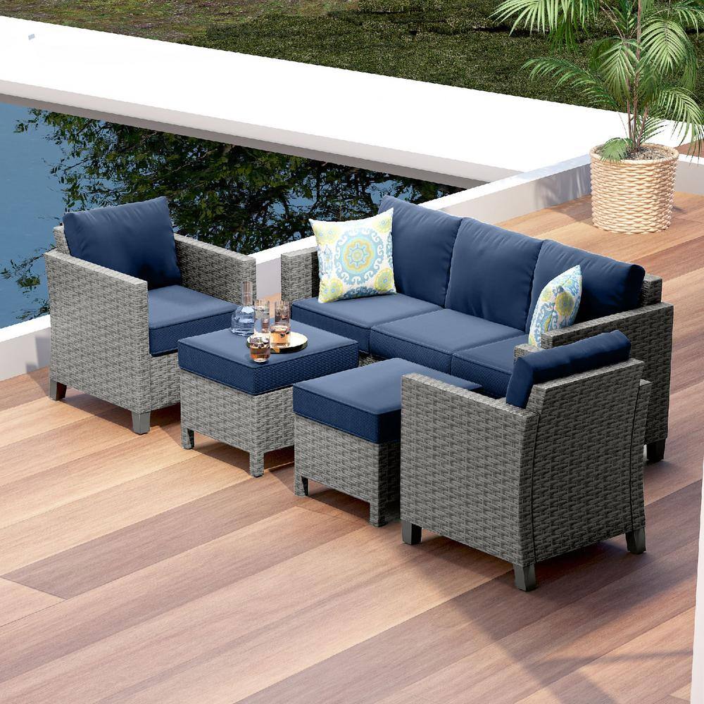 5-Piece Wicker Gray Steel Outdoor Conversation Set Patio Furniture Set with Ottoman and Navy Blue Cushions price history on PriceWatchPro