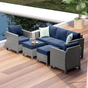 5-Piece Wicker Gray Steel Outdoor Conversation Set Patio Furniture Set with Ottoman and Navy Blue Cushions