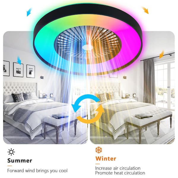 23 in. W Black Ceiling Fan Light w/ LED RGB Dimmable, Color-Changing, Flush Mount Caged Design, APP and Remote Control