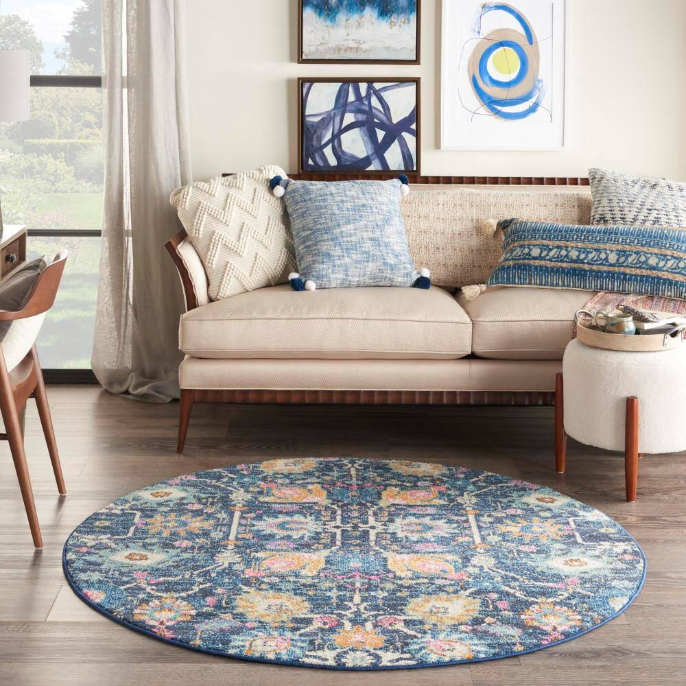Bohemian Navy Floral Round Synthetic Area Rug - 5'3"