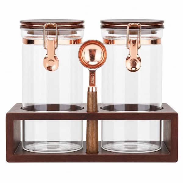 2-Set 40 oz. Glass Container with Wooden Shelf, Sealed Clips and Copper Spoon for Coffee Bean Storage, Food Storage