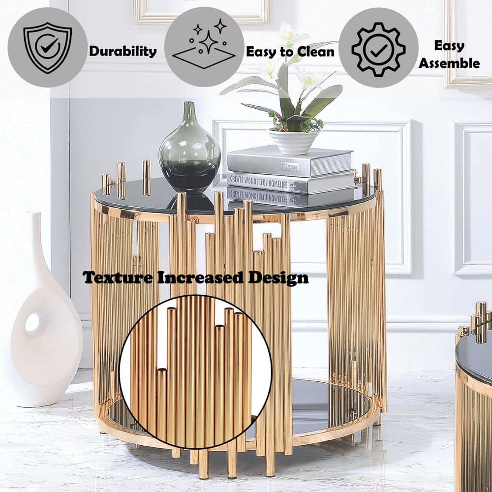 Tanquin 25" Round Black Glass & Gold Metal End Table