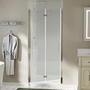 34 in. W to 35-3/8 in. W x 72 in. H Bi-Fold Frameless Shower Door in Brushed Nickel with Clear Glass