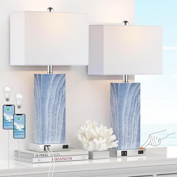 ARISKEEN 25 in. Set Of 2 Blue Table Lamp With USB Port, 3-Way Touch Control Dimmable Nightstand Lamp, 2700K LED Bulb Included