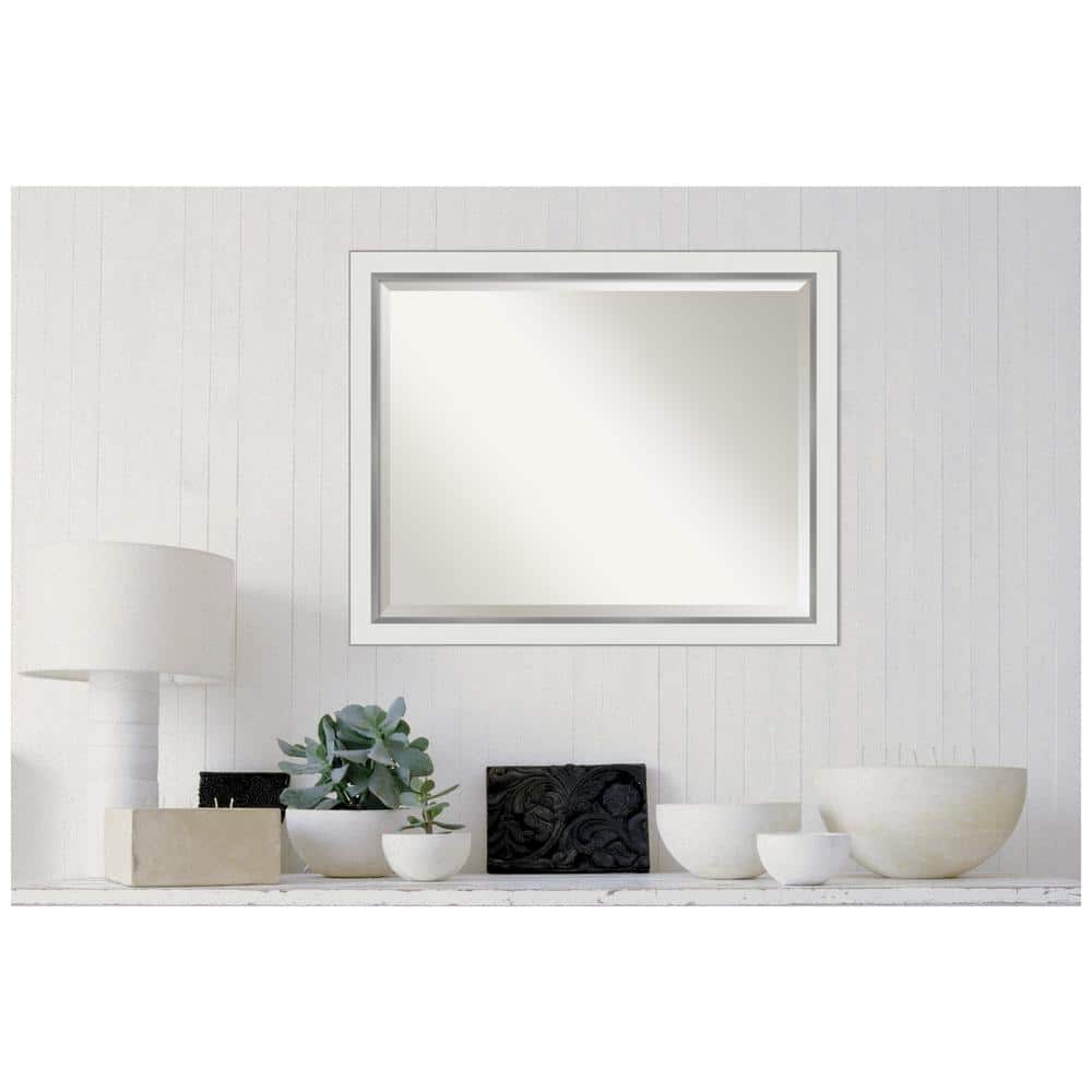 Contemporary White and Silver Rectangular Bathroom Vanity Wall Mirror