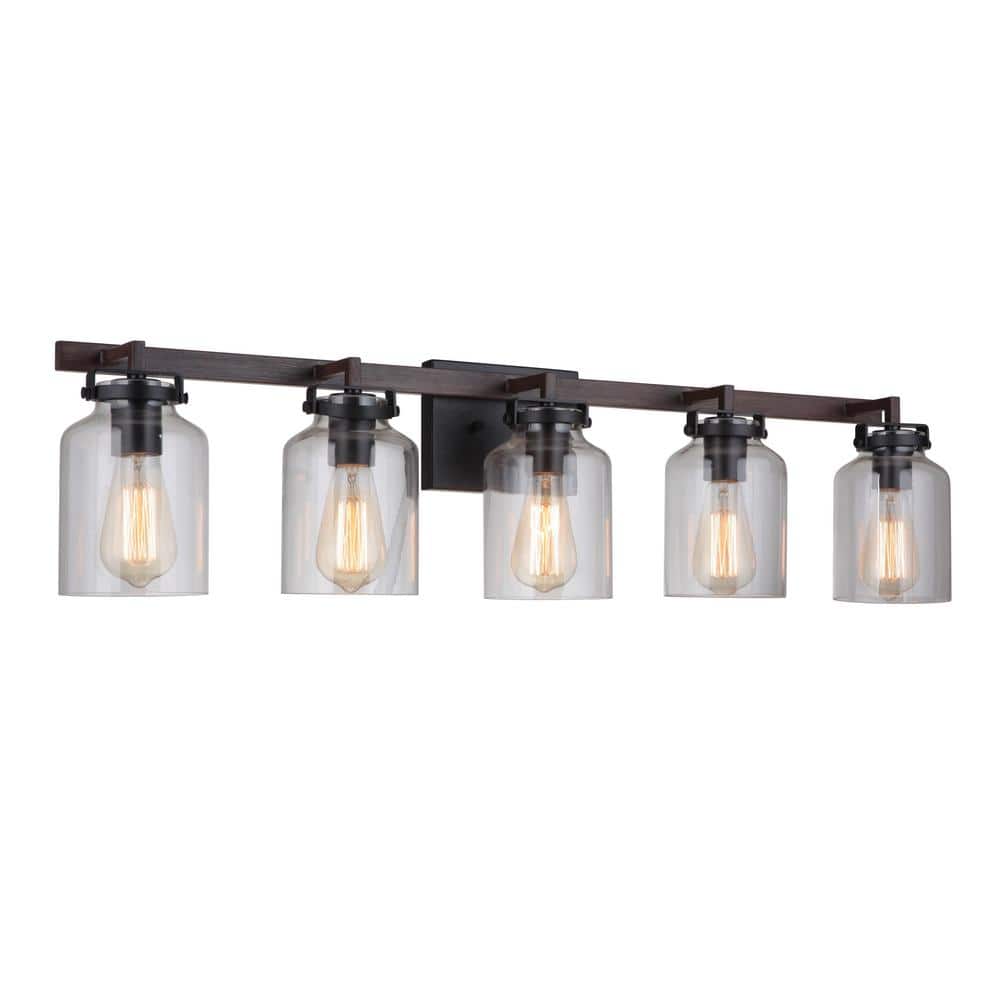 Foxwood 5-Light Flat Black and Dark Teak Vanity Light with Clear Glass Shades