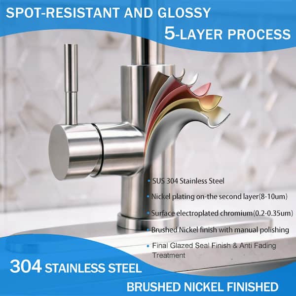 BATHFINESSE Brushed Nickel Kitchen Sink Faucet – Pull Down Sprayer With 3 Modes, High Arc Commercial Style, Stainless Steel, Deck Plate Included