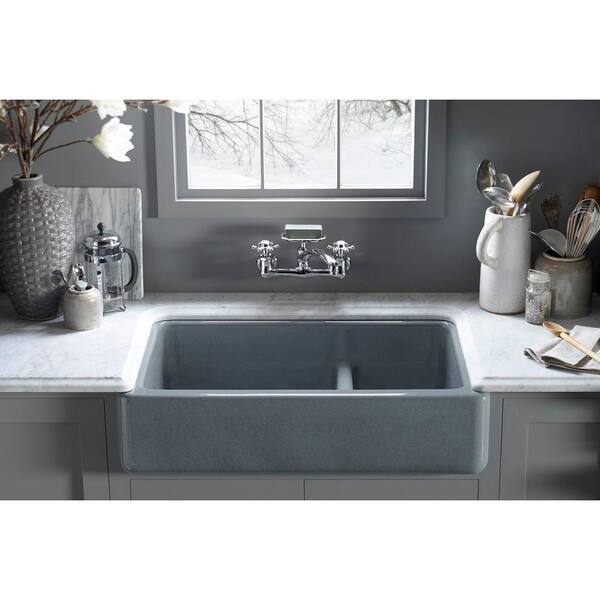 Kohler Whitehaven Farmhouse Apron Front Cast Iron 36 In Double Basin Kitchen Sink In Thunder Grey K 6426 58 The Home Depot