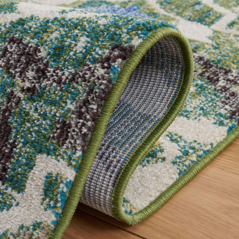 Ivory and Green 9' x 12' Flat Woven Cotton Synthetic Rug
