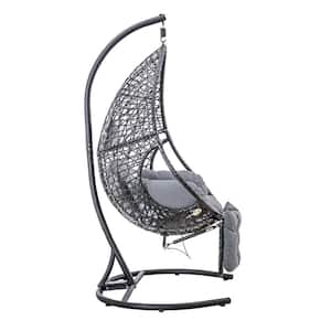 PE Rattan Patio Swing Chair with Stand, Gray Cushions, and Leg Rest for Balcony, Courtyard