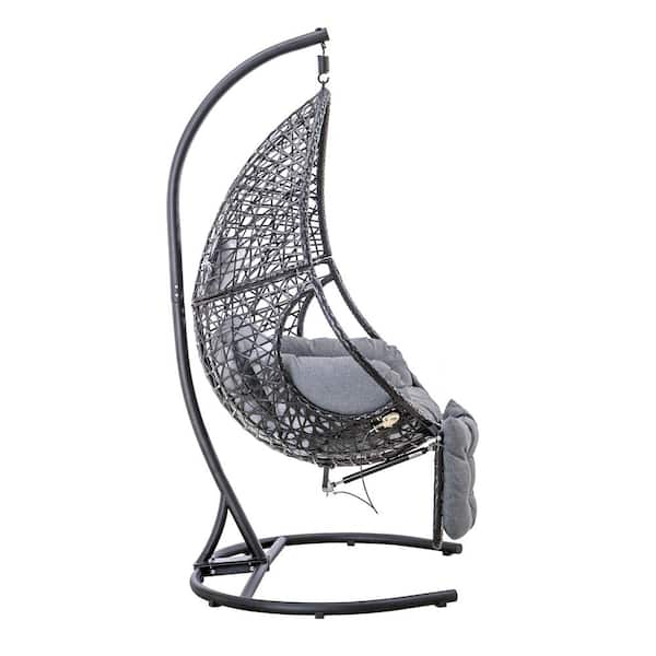 Afoxsos PE Rattan Patio Swing Chair with Stand, Gray Cushions, and Leg Rest for Balcony, Courtyard