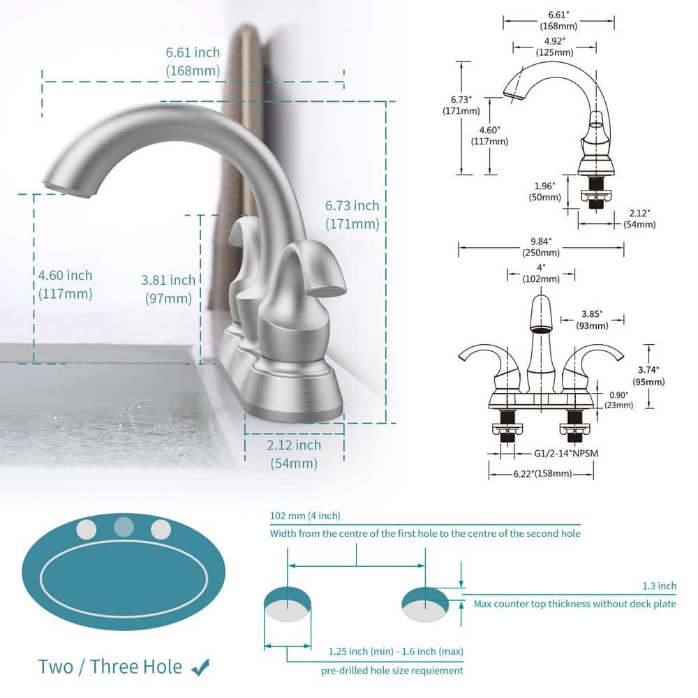 Brushed Nickel 4-Inch Centerset Double Handle Bathroom Faucet with Pop-Up Drain