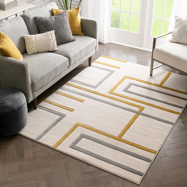 Good Vibes Fiona Gold Modern Geometric Lines 7 ft. 10 in. x 9 ft. 10 in. Area Rug