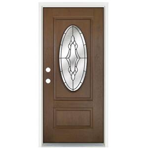 36 in. x 80 in. Medium Oak Right-Hand Inswing Andaman Oval Lite Prestige Stained Fiberglass Prehung Front Door
