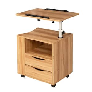 2-Drawer Height Adjustable Overbed End Table Wooden Nightstand With Swivel Top, Wheels and Open Shelf, White Maple